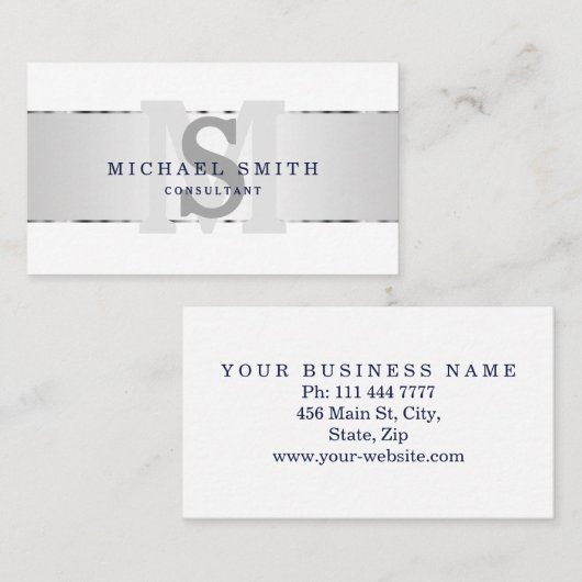 Elegant modern FAUX Silver Striped Monogram White Visitekaartje (Voorkant / Achterkant)