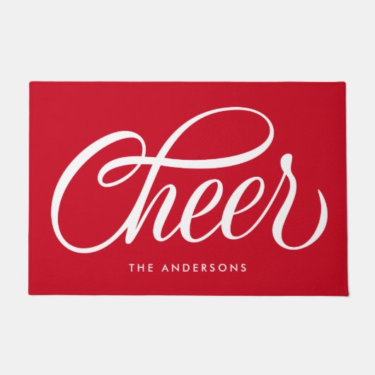 Elegant Modern Feestelijk Rood Script Cheer Christ Deurmat (Voorkant)