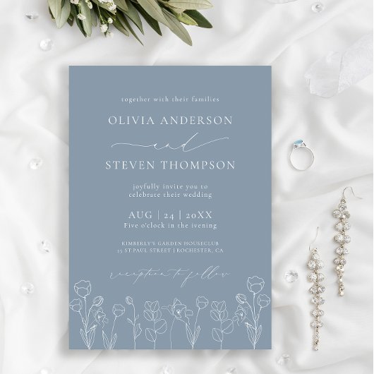 Elegant Modern Flora Dusty Blue Wedding Uitnodigin Kaart
