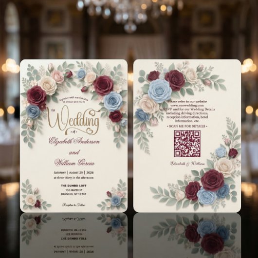Elegant Modern Floral All In One QR Code Wedding Kaart