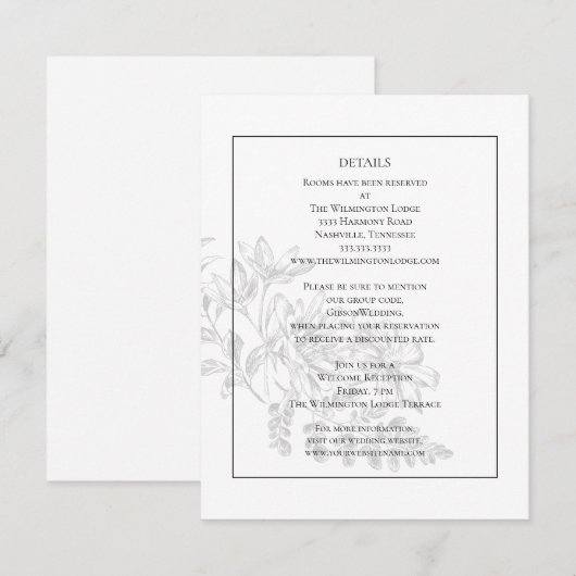 Elegant Modern Floral Black White Wedding Details Informatiekaartje (Voorkant / Achterkant)