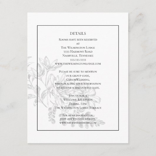 Elegant Modern Floral Black White Wedding Details Informatiekaartje (Voorkant)