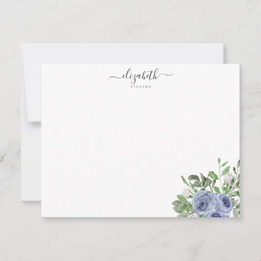 Elegant Modern Floral Blue Waterverf Roos Script Notitiekaartje (Voorkant)