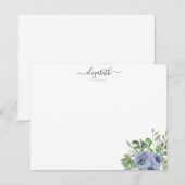 Elegant Modern Floral Blue Waterverf Roos Script Notitiekaartje (Voorkant / Achterkant)