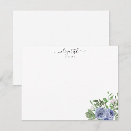 Elegant Modern Floral Blue Waterverf Roos Script Notitiekaartje (Voorkant / Achterkant)
