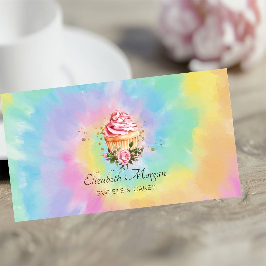 Elegant Modern Floral Cupcake Tie Dye Bakery Visitekaartje