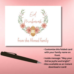 Elegant Modern Floral Eid Mubarak Naam Roze Wit Kaart