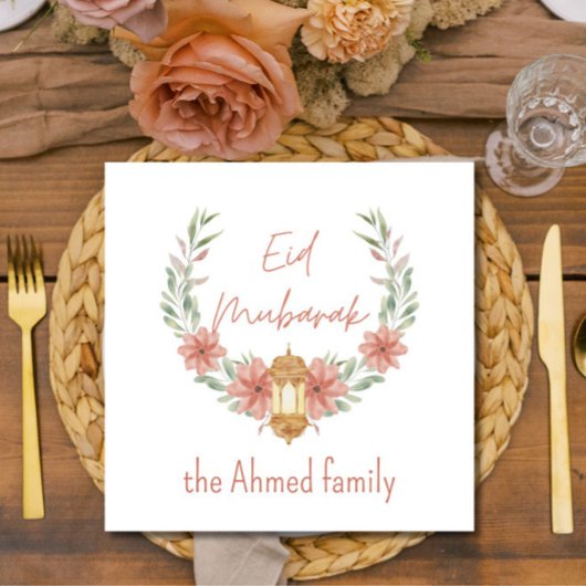 Elegant Modern Floral Eid Mubarak Naam Roze Wit Servet