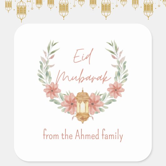 Elegant Modern Floral Eid Mubarak Naam Roze Wit Vierkante Sticker