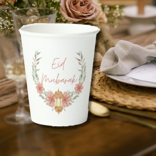 Elegant Modern Floral Eid Mubarak Roze Wit Papieren Bekers