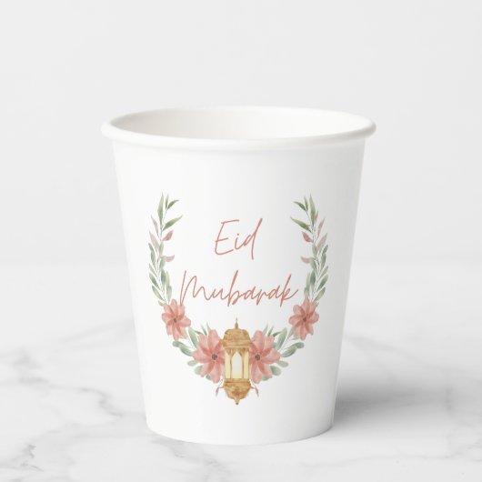 Elegant Modern Floral Eid Mubarak Roze Wit Papieren Bekers (Voorkant)