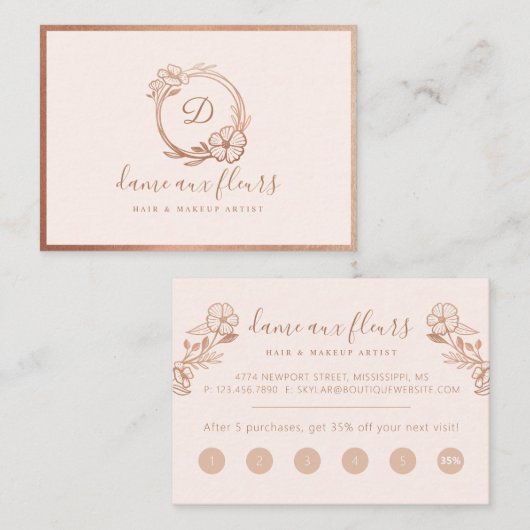 Elegant & Modern Floral Monogram Krans Roze Klantenkaartje (Voorkant / Achterkant)