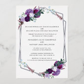 Elegant Modern Floral Paarse bruiloft Zilver Folie Uitnodiging (Voorkant)