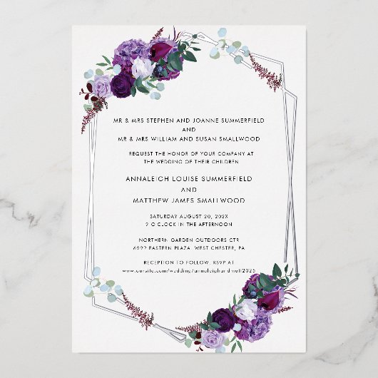 Elegant Modern Floral Paarse bruiloft Zilver Folie Uitnodiging (Voorkant)