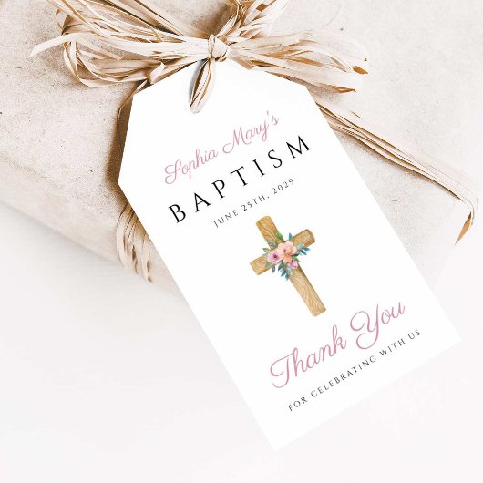 Elegant modern Floral Religious Cross Baptisme Cadeaulabel