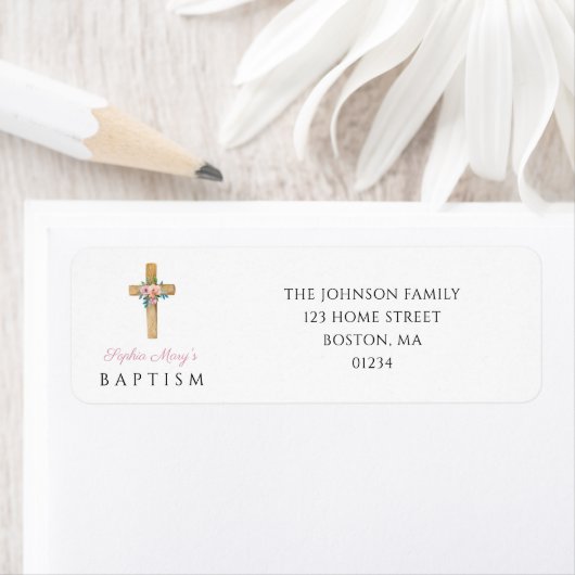 Elegant modern Floral Religious Cross Baptisme Etiket (Insitu)