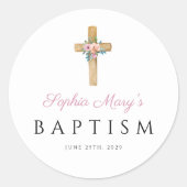Elegant modern Floral Religious Cross Baptisme Ronde Sticker (Voorkant)