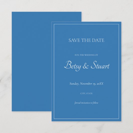 Elegant modern Frans blauw slaat de datum op Save The Date (Voorkant / Achterkant)