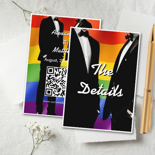 Elegant Modern Gay Men Wedding Rainbow QR Code Informatiekaartje