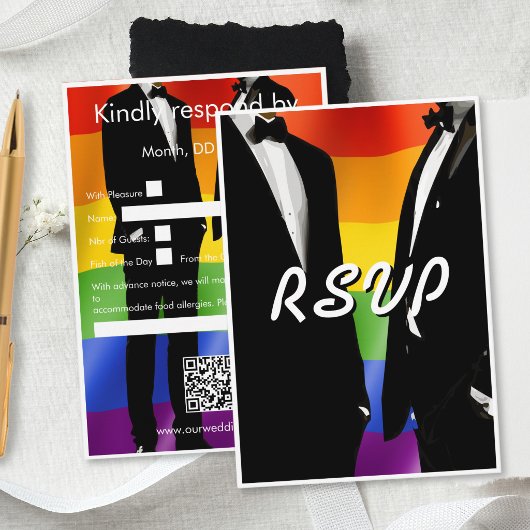Elegant Modern Gay Men Wedding Rainbow QR Code RSVP Kaartje