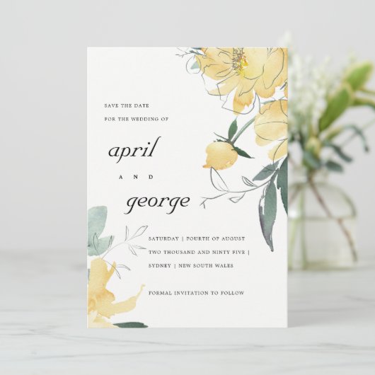 Elegant Modern Geel Groen Waterverf Bloemen Save The Date (Staand voorkant)