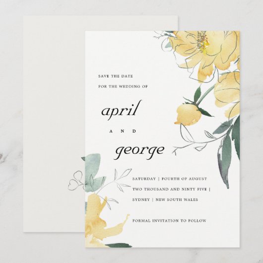 Elegant Modern Geel Groen Waterverf Bloemen Save The Date (Voorkant / Achterkant)