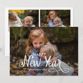 Elegant Modern Gelukkig Nieuwjaar 3 Foto's Script  Feestdagenkaart (Voorkant / Achterkant)