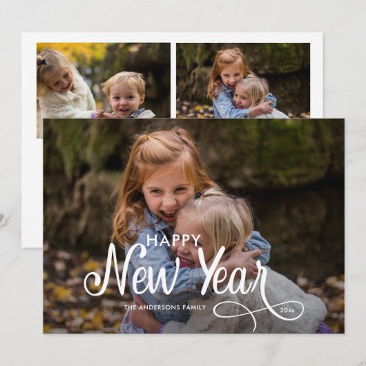 Elegant Modern Gelukkig Nieuwjaar 3 Foto's Script  Feestdagenkaart (Voorkant / Achterkant)