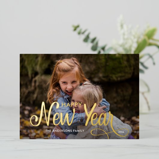 Elegant Modern Gelukkig Nieuwjaar 3 Foto's Script  Folie Feestdagenkaart (Staand Voorkant)