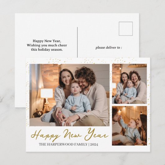 Elegant Modern Gelukkig Nieuwjaar 3 Multi Foto Feestdagenkaart (Voorkant / Achterkant)