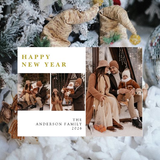 Elegant Modern Gelukkig Nieuwjaar Familie 3 Foto Feestdagenkaart