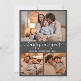 Elegant Modern Gelukkig Nieuwjaar Zwart 3 Collage Feestdagenkaart