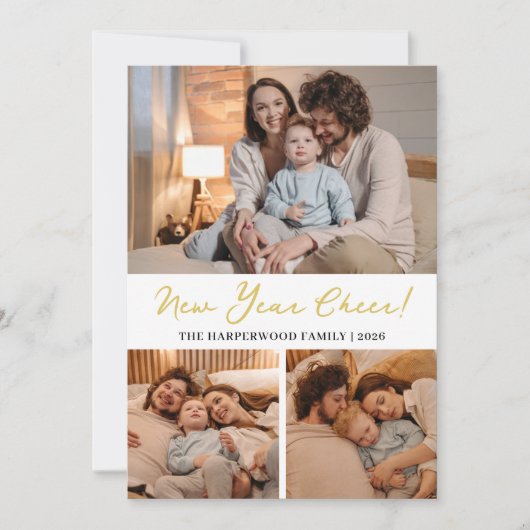 Elegant Modern Gelukkig Nieuwjaar Zwart 3 Collage Feestdagenkaart (Voorkant)