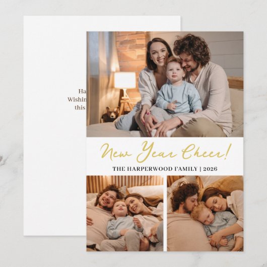 Elegant Modern Gelukkig Nieuwjaar Zwart 3 Collage Feestdagenkaart (Voorkant / Achterkant)