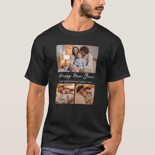 Elegant Modern Gelukkig Nieuwjaar Zwart 3 Collage T-shirt (Voorkant)