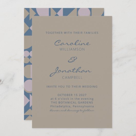 Elegant modern Geometric Dusty Blue Taupe Wedding Kaart (Voorkant / Achterkant)