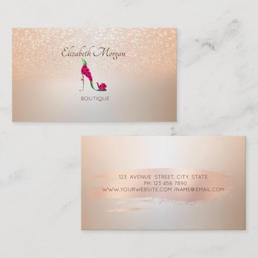 Elegant Modern, Glitter Bokeh, Floral High Heels Visitekaartje (Voorkant / Achterkant)