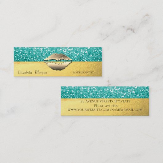 Elegant Modern, Glitter Bokeh, Gold Lips Mini Visitekaartje (Voorkant / Achterkant)