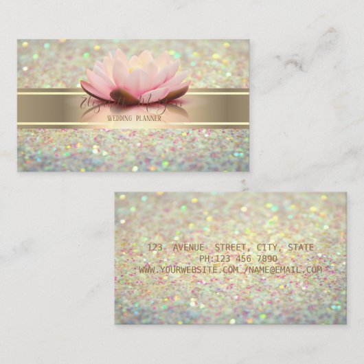 Elegant Modern Glitter Bokeh, Gold Stripe Lotus Visitekaartje (Voorkant / Achterkant)
