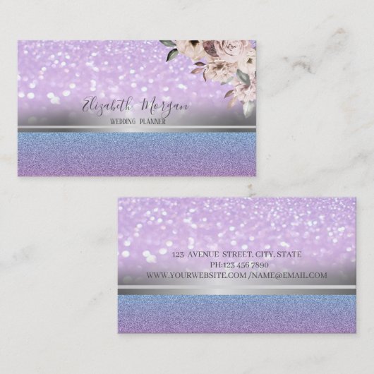 Elegant Modern Glitter Bokeh, Silver Stripe, Flowe Visitekaartje (Voorkant / Achterkant)