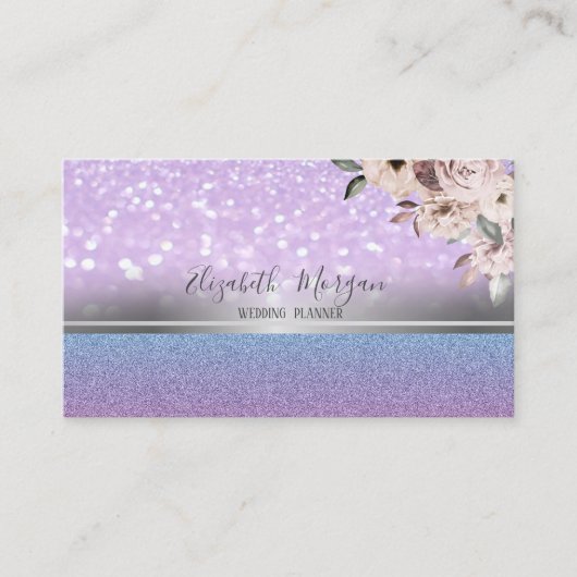 Elegant Modern Glitter Bokeh, Silver Stripe, Flowe Visitekaartje (Voorkant)