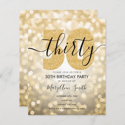 Elegant modern Gold 30th Birthday Party Invite (Voorkant / Achterkant)