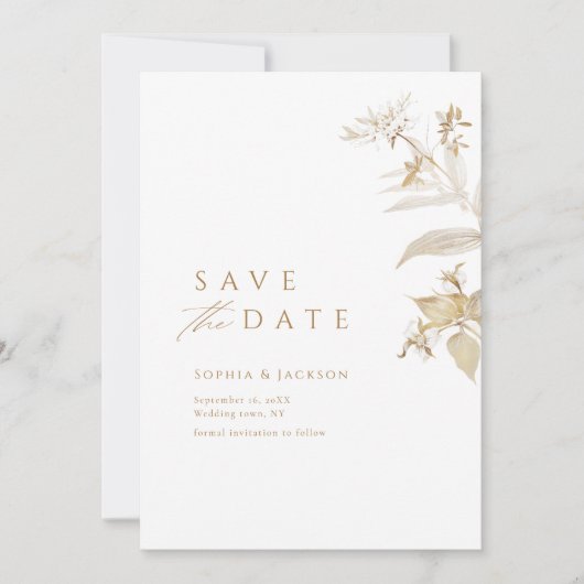 Elegant modern Gold Botanical Floral bewaar de dat Save The Date (Voorkant)