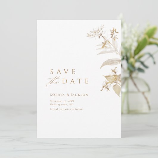 Elegant modern Gold Botanical Floral bewaar de dat Save The Date (Staand voorkant)