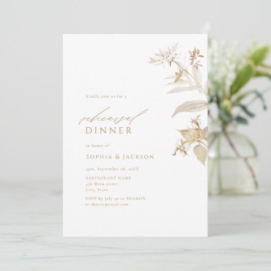 Elegant modern Gold Botanical Rehearings Dinner Kaart (Staand voorkant)