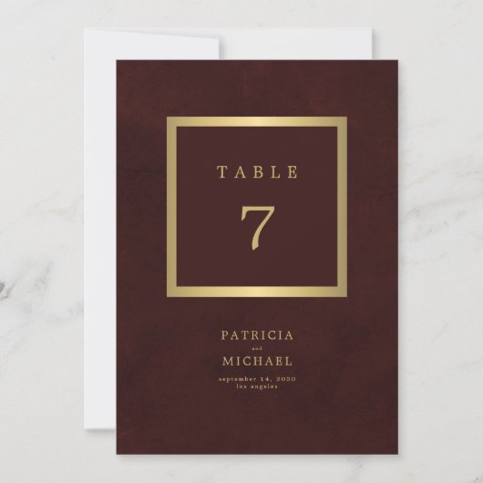 Elegant modern gold burgundy wedding table number (Voorkant)