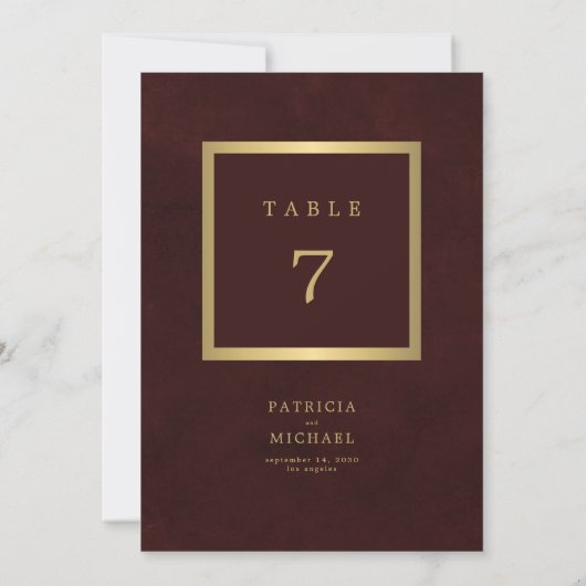 Elegant modern gold burgundy wedding table number (Achterkant)