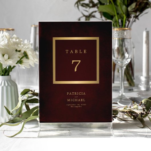 Elegant modern gold burgundy wedding table number