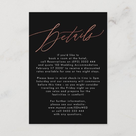 Elegant Modern Gold Calligraphy Wedding Details RSVP Kaartje (Voorkant)