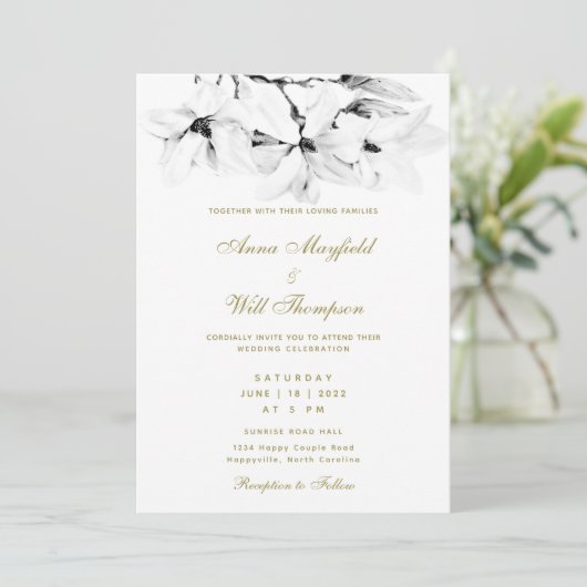 Elegant modern Gold Classic White Magnolia Wedding Kaart (Staand voorkant)